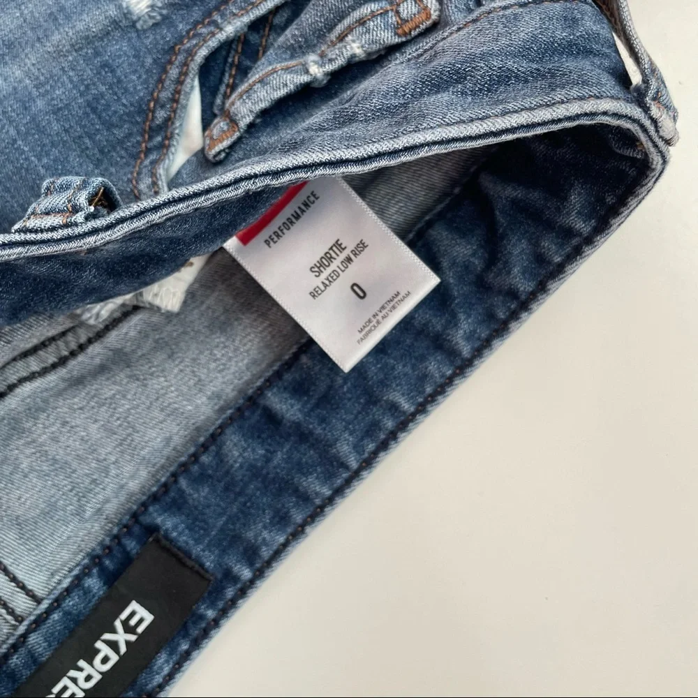 Express Women's Distressed Denim Jean Shorts - Blue - Picture 8 of 8